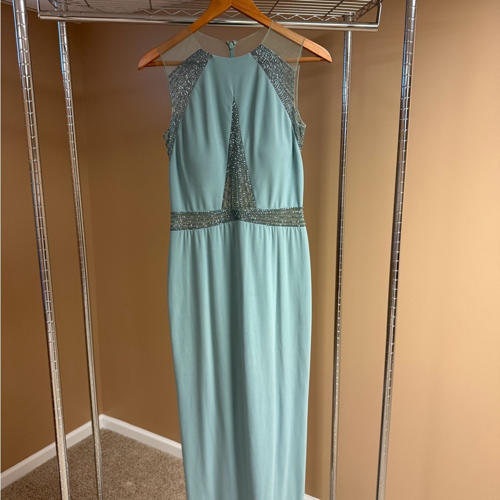 Mignon Seafoam Halter Evening Gown with Beaded Accents